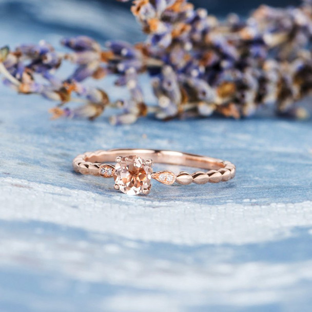 5mm Morganite Ring Rose Gold Antique Leaf Band Birthday Gift