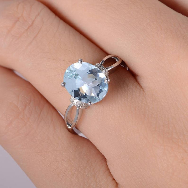  Aquamarine Engagement Ring White Gold Oval Cut Antique  Unique Split Shank 