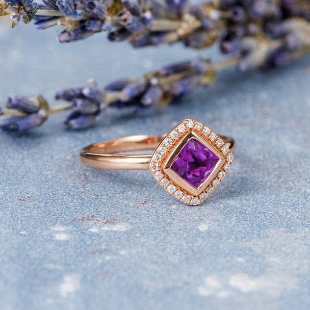 Princess Cut Amethyst Ring Rose Gold Engagement Ring