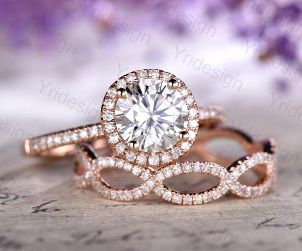 7mm Moissanite Ring Set Rose Gold Diamond Matching Wedding Band