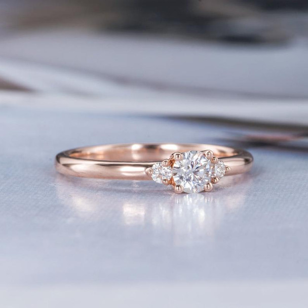 Three Stone Round Moissanite Engagement Rose Gold Wedding Ring