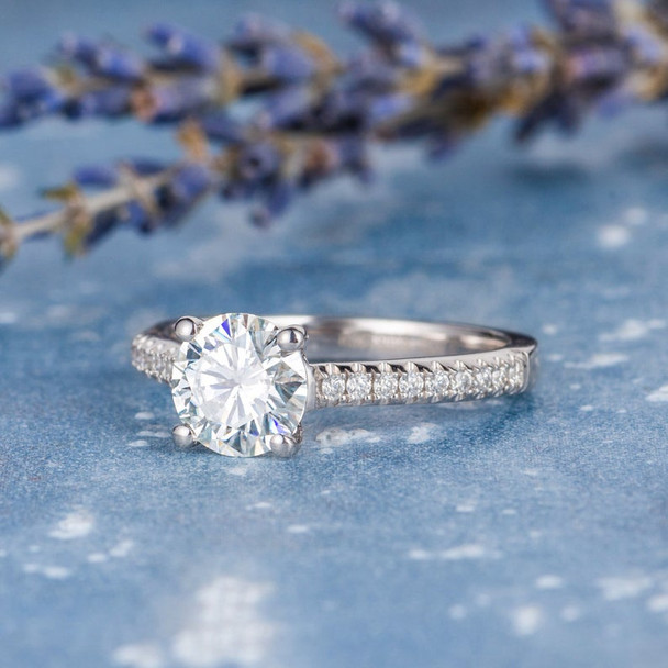 7mm Round Cut Moissanite Engagement  White Gold Wedding Ring
