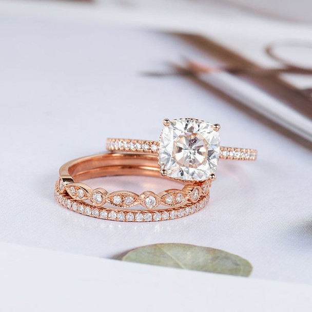 Cushion Cut Moissanite Engagement Rose Gold Bridal Ring Sets Diamond Band