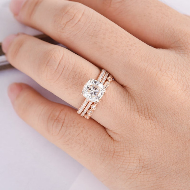 Cushion Cut Moissanite Engagement Rose Gold Bridal Ring Sets Diamond Band