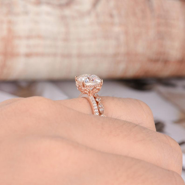 Cushion Cut Moissanite Engagement Rose Gold Bridal Ring Set Diamond Band