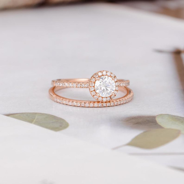 Round Moissanite Engagement Bridal Sets Rose Gold Diamond Wedding Band