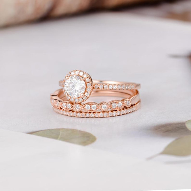 Round Moissanite Engagement Bridal Set Rose Gold Diamond Wedding Band