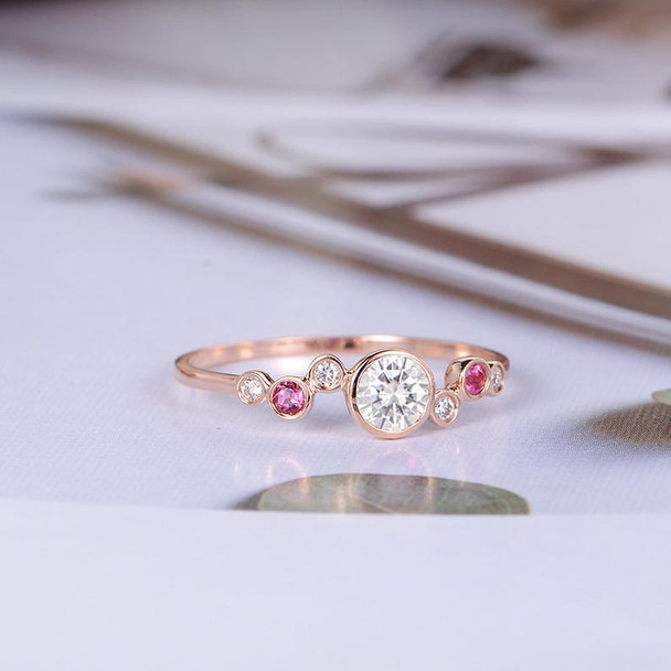 Moissanite Engagement Ring Rose Gold Pink Tourmaline Diamond Ring Bezel Set