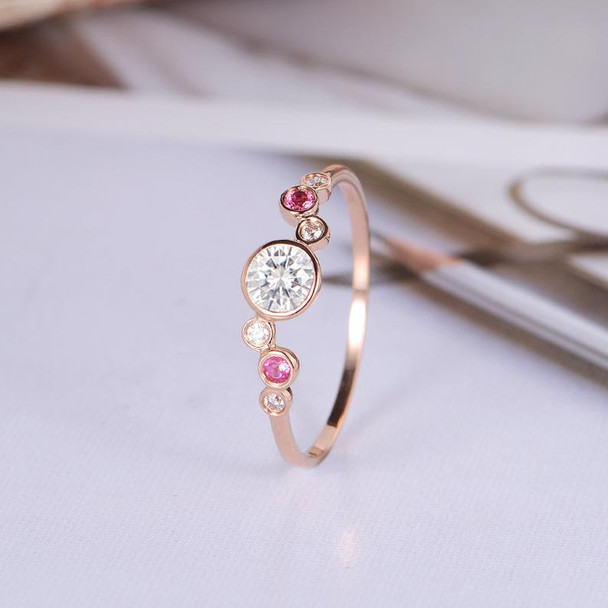 Moissanite Engagement Ring Rose Gold Pink Tourmaline Diamond Ring Bezel Set