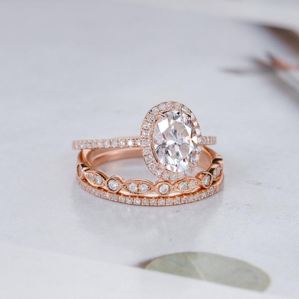 Rose Gold Bridal Set Oval Cut Moissanite Engagement 3pcs Halo Ring Set