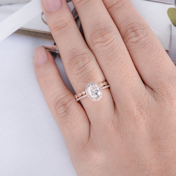 Oval Cut Moissanite Engagement Bridal Sets Rose Gold Wedding Ring Set