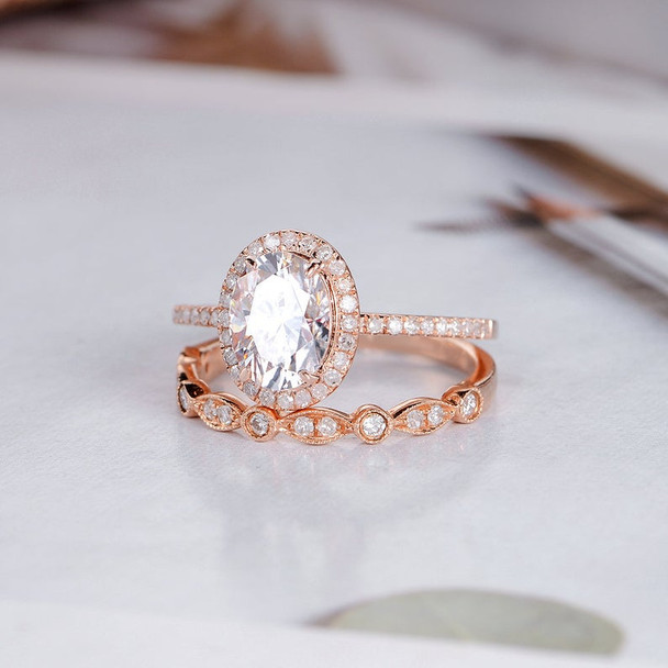 Oval Cut Moissanite Engagement Bridal Sets Rose Gold Wedding Ring Set