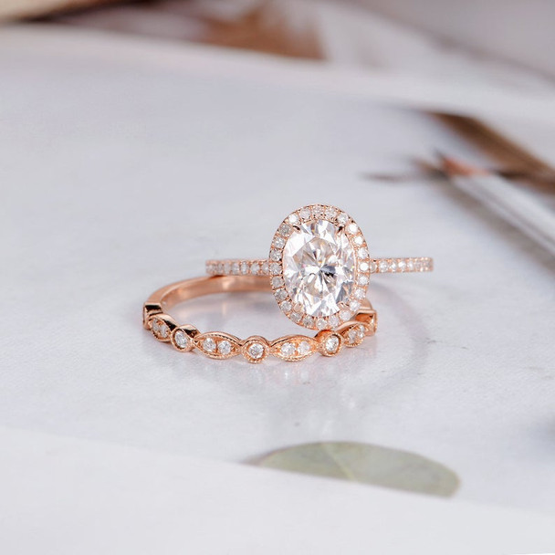 Oval Cut Moissanite Engagement Bridal Sets Rose Gold Wedding Ring Set