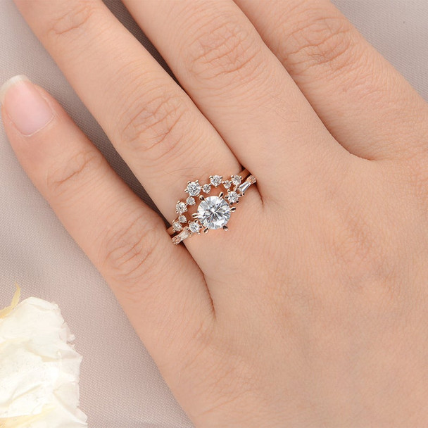 Rose Gold Moissanite Engagement Ring Bridal Set Diamond Baguette Cut Band
