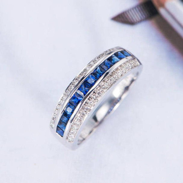 Princess Cut Sapphire Wedding Band Men White Gold Diamond Half Eternity Band