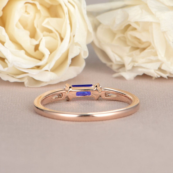 Baguette Cut Sapphire Engagement Ring Rose Gold Diamond Band Gift for Her