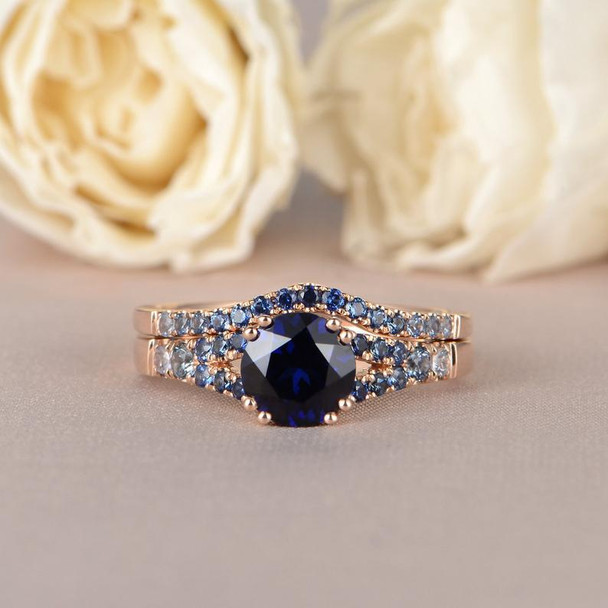 Sapphire Engagement Ring Rose Gold Bridal Set Gradual Change Colorful Set