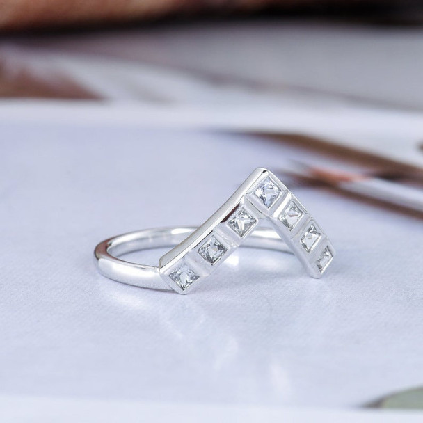 Chevron White Sapphire Wedding Band Women Princess Cut White Gold V Shaped Ring