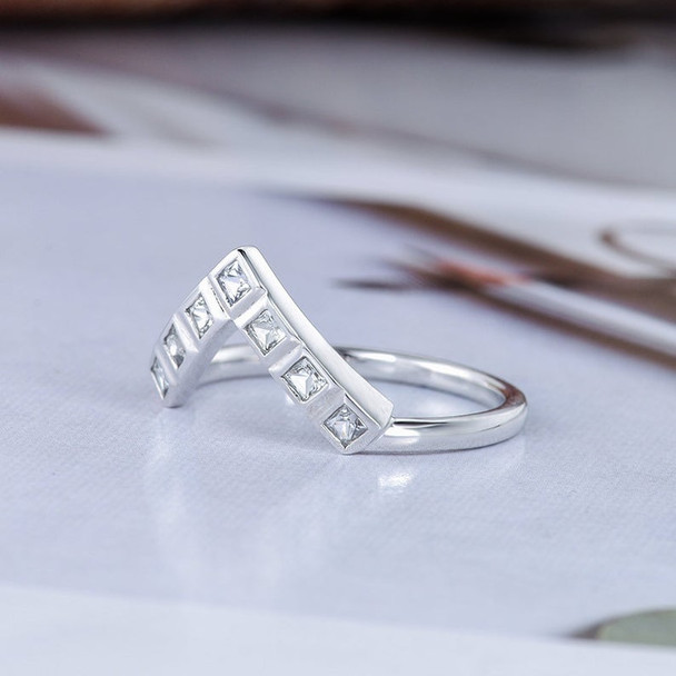 Chevron White Sapphire Wedding Band Women Princess Cut White Gold V Shaped Ring