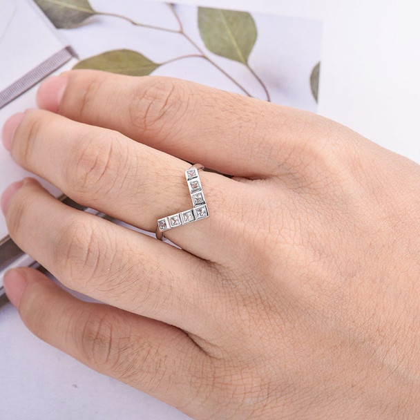 Chevron White Sapphire Wedding Band Women Princess Cut White Gold V Shaped Ring