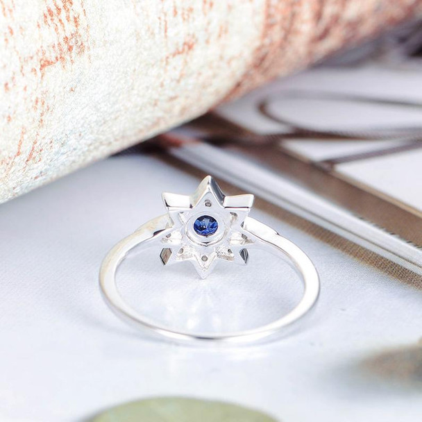 Blue Sapphire Engagement Ring White Gold Diamond Star Shaped Ring