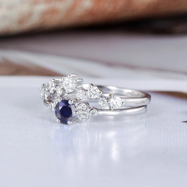 Lab Sapphire Bridal Set White Gold Wedding Ring Set Diamond Ring Set