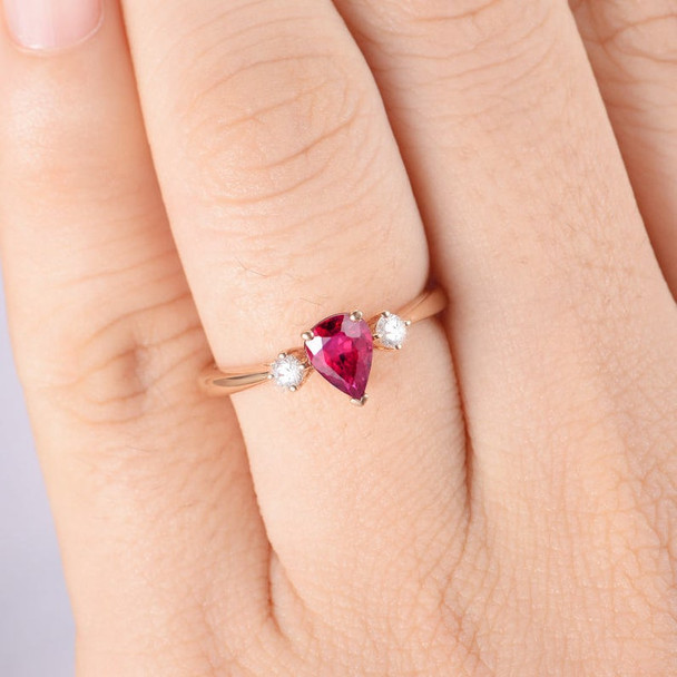 Pear Ruby Engagement Ring Rose Gold Diamond July Birthstone Ring