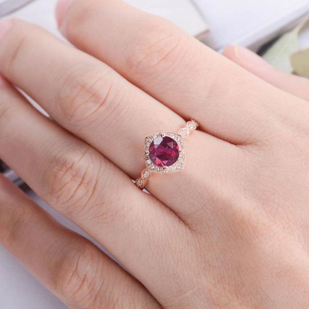 Rose Gold Ruby Engagement Ring Round Cut Diamond Wedding Ring
