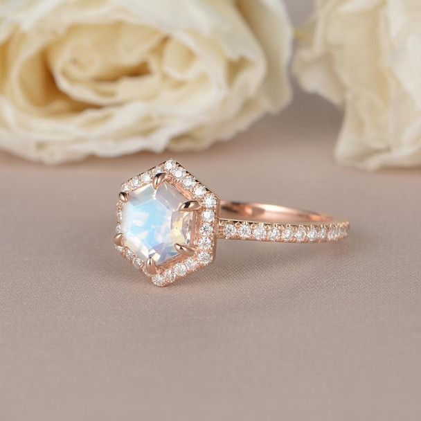 Rose Gold Hexagon Shaped Rainbow Moonstone Ring 