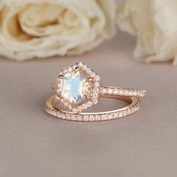 Hexagon Shaped  Moonstone Engagement Ring Rose Gold Bridal Set