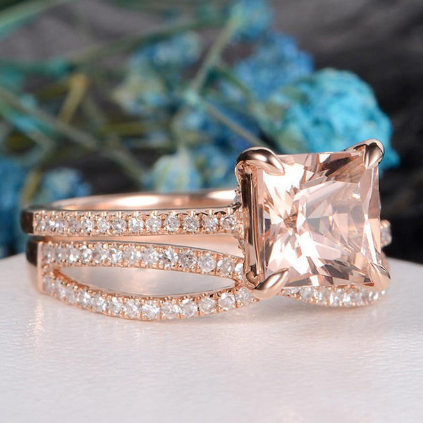 Princess Cut Morganite Ring Rose Gold Engagement Ring Set