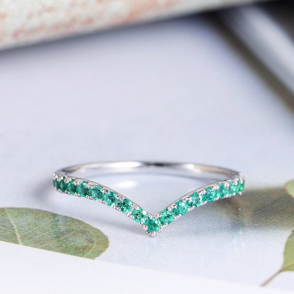 Curved Shaped Half Eternity Emerald Wedding Band