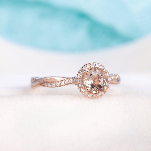 6mm Halo Rose Gold Morganite Ring Wedding Promise Ring