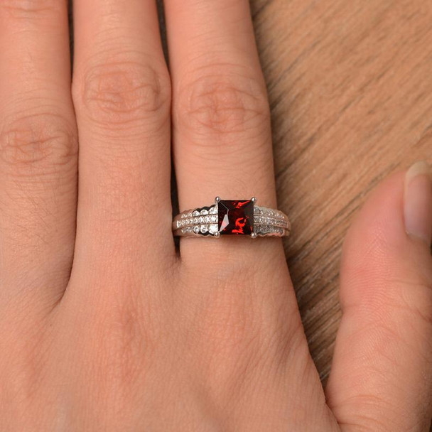 Birthstone Princess Cut Gems Red Gemstone Sterling Silver Ring 