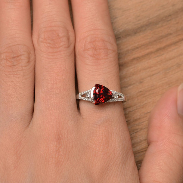 Triangle Cut Sterling Silver Ring Red Gemstone January Birthstone Ring 