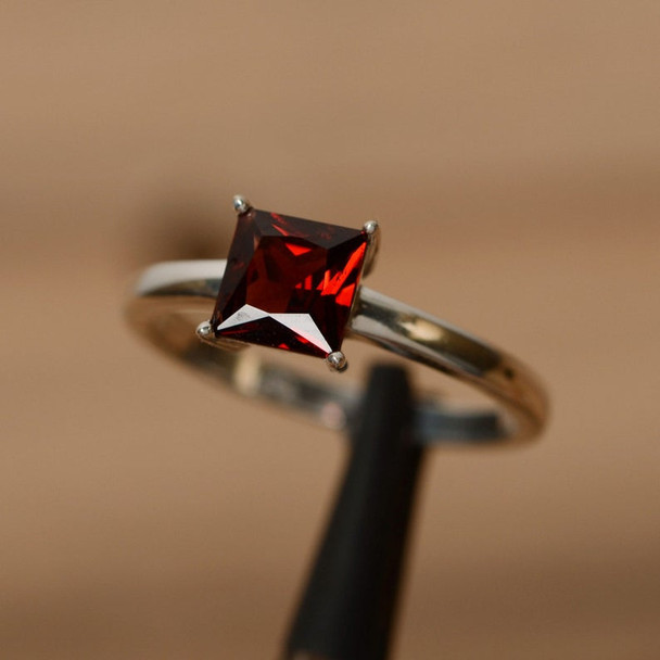 Princess Cut Gemstone Red Garnet Ring January Birthstone Ring Promise Ring 