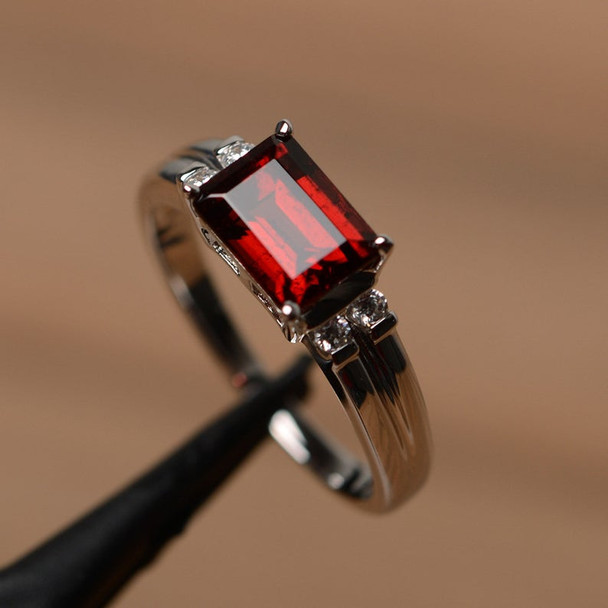 Red Garnet Ring January Birthstone Ring Emerald Cut Red Gemstone Ring 