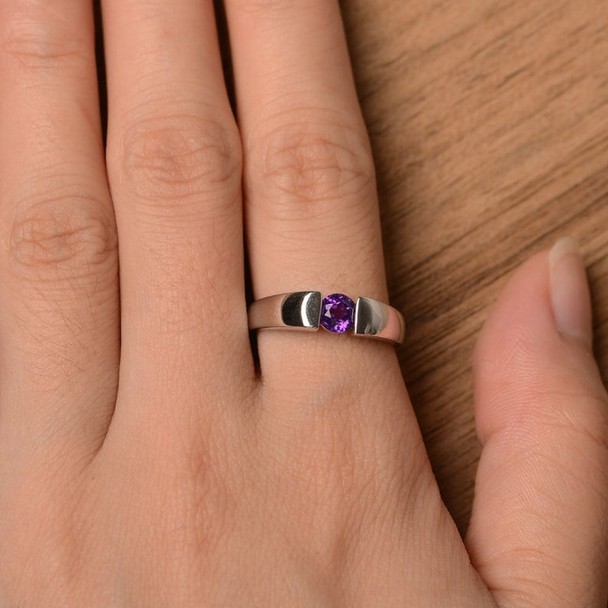 February Birthstone Round Cut Gemstone Ring Sterling Silver Simple Ring