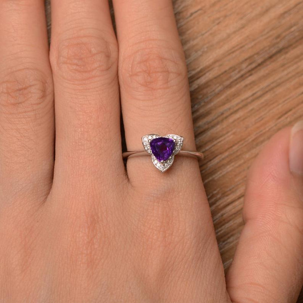 Trillion Cut Sterling Silver Ring Purple Gemstone Ring February Birthstone Ring 