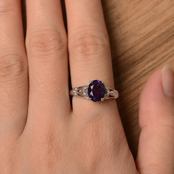 Natural Amethyst Ring Engagement Ring Oval Silver Ring Purple Gemstone Ring 