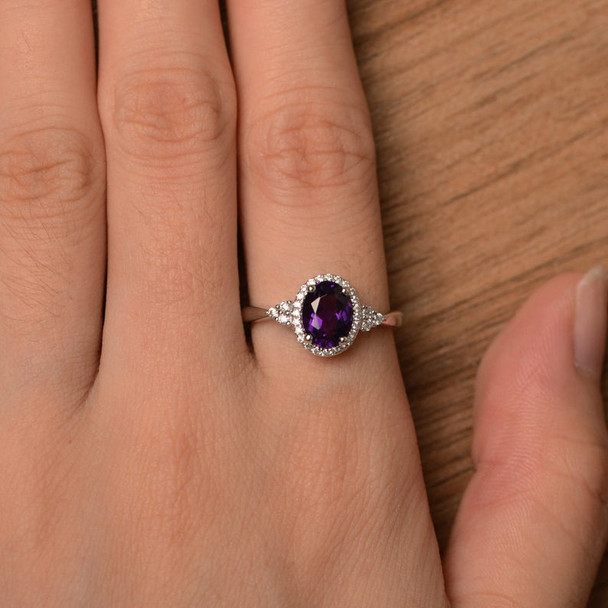 Romantic Promise Ring Oval Cut Sterling Silver Ring Amethyst Gemstone Ring 