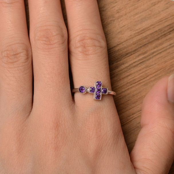 Natural Amethyst Ring Multistone Ring February Birthstone Silver Ring
