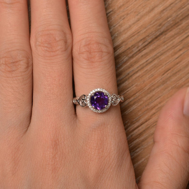 Genuine Amethyst Ring Promise Ring Round Cut Ring Silver Ring