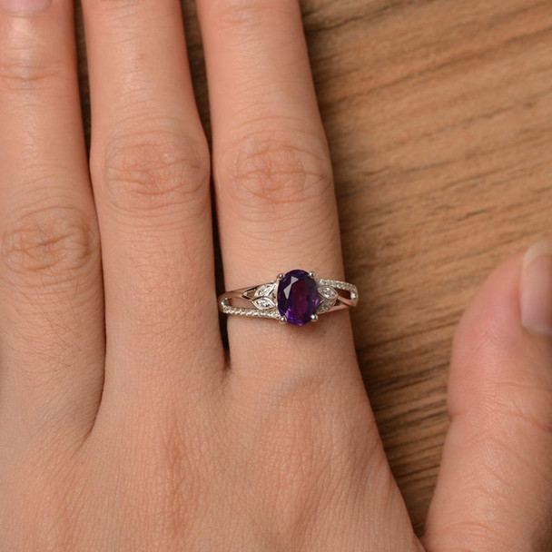 Purple Gemstone February Birthstone Oval Cut Gemstone Sterling Silver Ring 