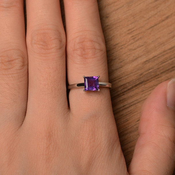 Amethyst Ring Square Cut Purple Gemstone Natural Quartz Ring Silver Ring