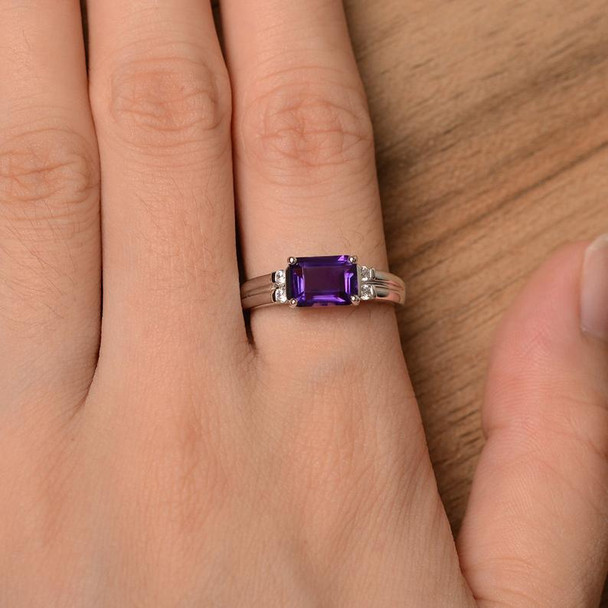 Purple Amethyst Ring Sterling Silver Emerald Cut February Birthstone Ring