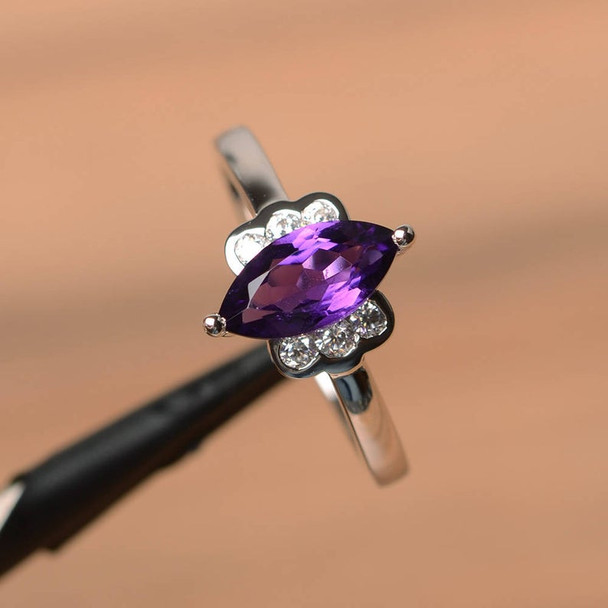 Marquise Cut Gemstone Amethyst Purple Gems Sterling Silver Ring  