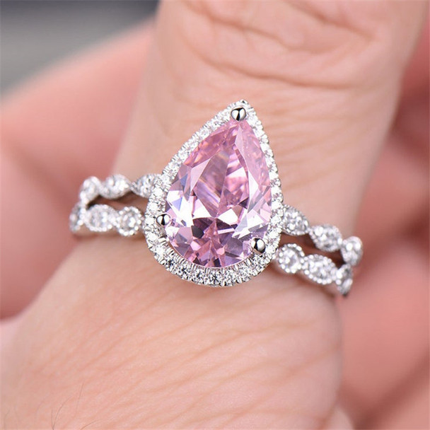Pink Cubic Zirconia Engagement Ring Set Pear Cut  Promise Ring Eternity Band Gift