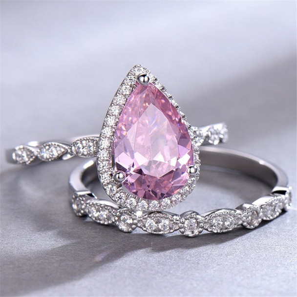 Pink Cubic Zirconia Engagement Ring Set Pear Cut  Promise Ring Eternity Band Gift