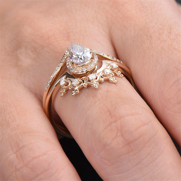 Crown Ring Set CZ Princess Wedding Ring  5*8mm Pear Cut Engagement Ring 